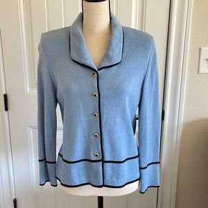 St John Collection Santana Knit Shawl Collar Cardigan Blue w/Black Trim …